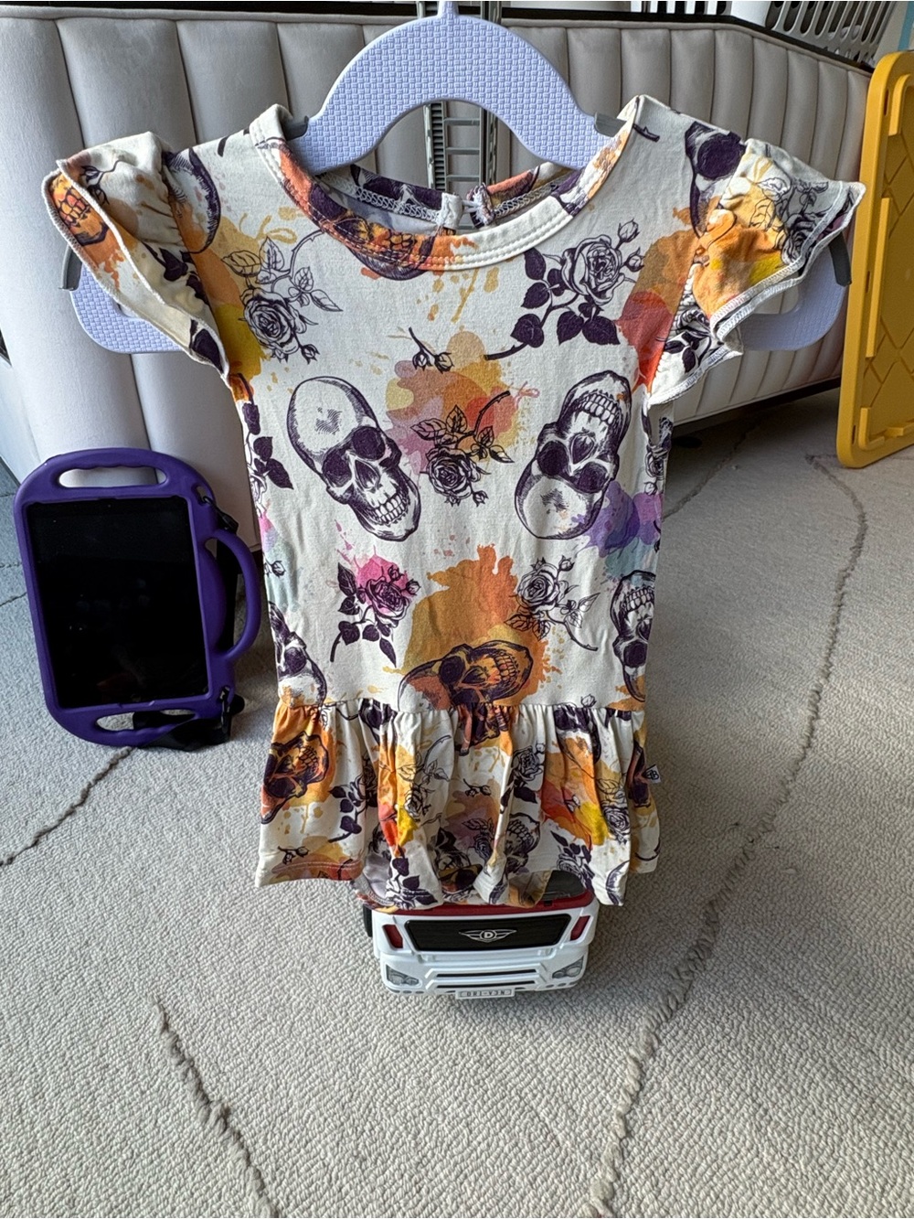 Skull & Floral Peplum Dress in Cream with Purple & Orange Accents - GUC